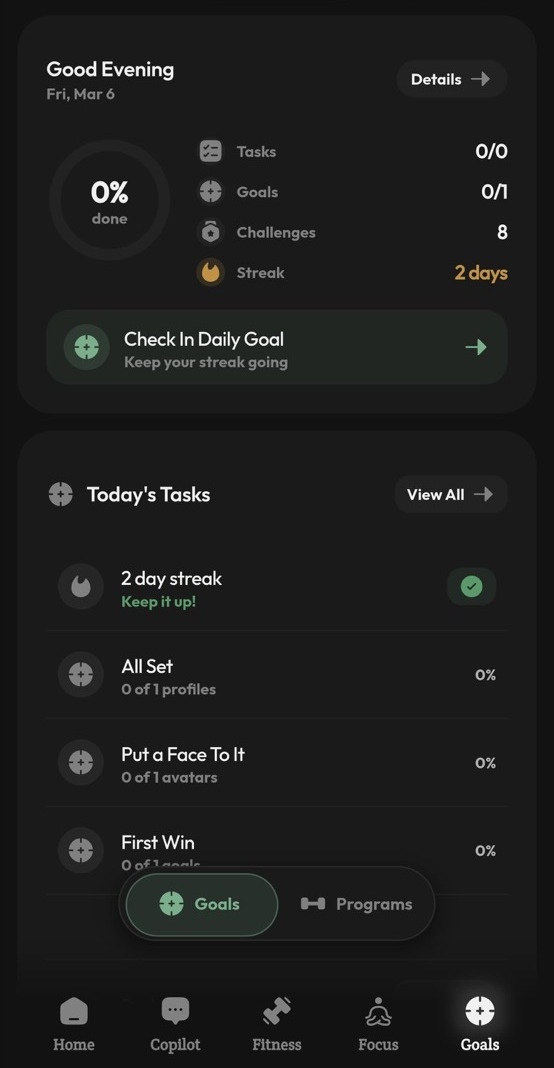 Ohga home dashboard showing tasks, goals, and daily health guidance.